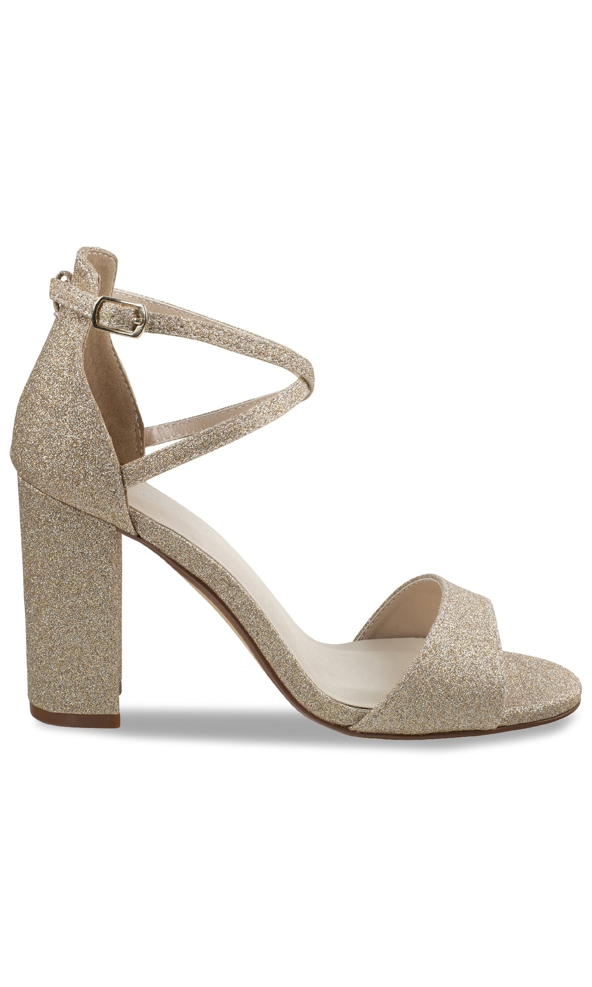 The Jordy Champagne Glitter Prom Shoes (Touch Ups 4630) are block-heeled sandals with an open toe, ankle strap, and buckle closure—ideal for a dazzling prom night.